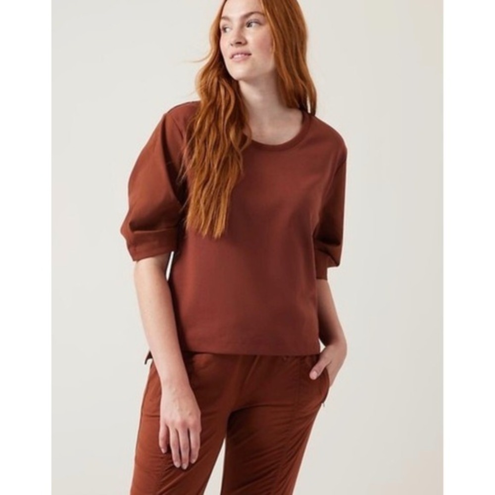 Athleta Rusty Red Cotton Blend Puff Sleeve Top Womens Medium